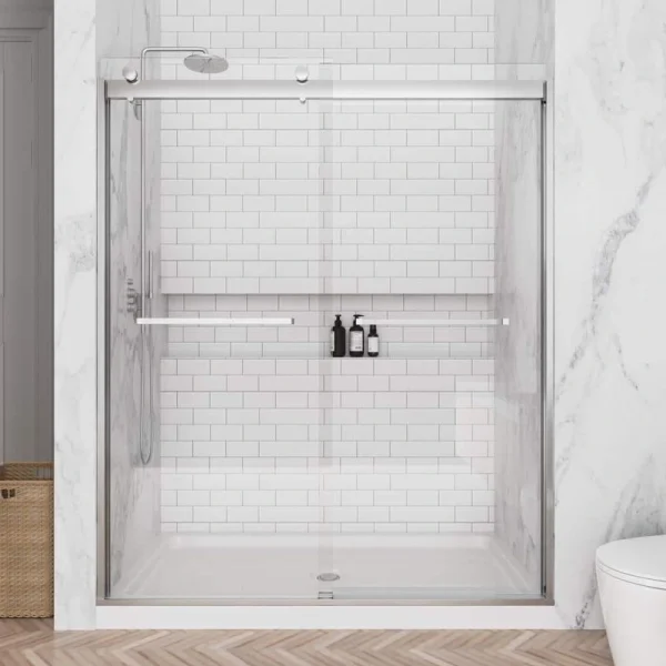NANAWO 60 in. W x 74 in. H Sliding Frameless Shower Door in Brushed Nickel with 5/16 in. Clear Tempered Glass