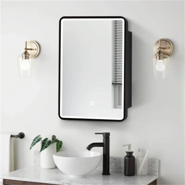 NeuType 20-in W x 28-in H LED Black Square Medicine Cabinet Mirror