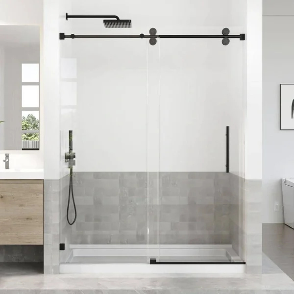 Opvande 56-60 in. W x 76 in. H Sliding Frameless Shower Door in Black Finish with 3/8 in. (10 mm) Tempered Glass