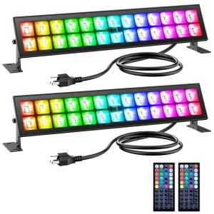 Outdoor Stage Lights Bar 48W LED Wall Washer Light,IP66 Waterproof with Timing,RGB DIY Colors,, 44-Key Remote – 2 Pack