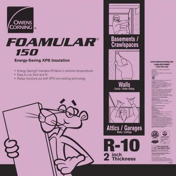 Owens Corning R-10 (15 PSI) FOAMULAR 2″ x 2′ x 8′ Extruded Polystyrene Insulation