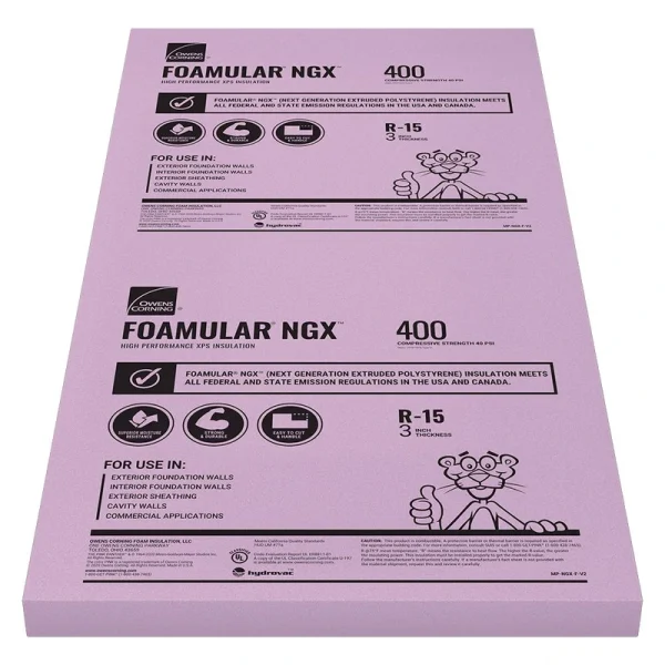 Owens Corning R-15 (40 PSI) FOAMULAR NGX 400 Extruded Polystyrene Foam Board Insulation 3″ x 4′ x 8′ – Square Edge