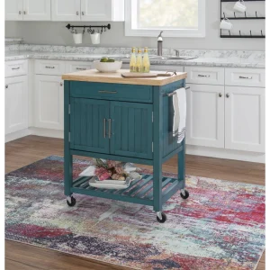 Powell Green Wood Base with Wood Butcher Block Top Rolling Kitchen Cart (28-in x 20.25-in x 33.5-in)