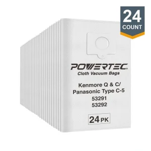 POWERTEC 6-ply Nonwoven Filter Bag for Kenmore Canister Q & C Style 5055, 50557, 50558, KM48751/ Panasonic Type C-5, C-19 (24PK)