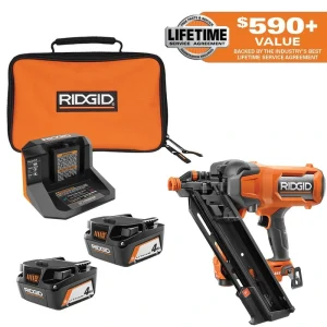 RIDGID 18V (2) 4.0 Ah Batteries and Charger Kit with 18V Brushless Cordless 30 Framing Nailer