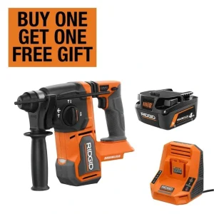 RIDGID 18V Brushless Cordless 1 in. SDS-Plus Rotary Hammer Kit with 18V 4.0Ah MAX Output Battery and Rapid Charger