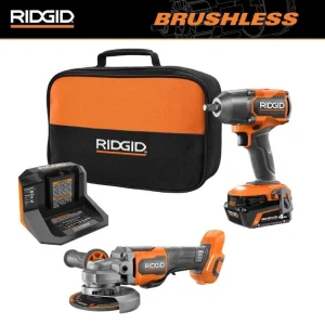 RIDGID 18V Brushless Cordless 2-Tool Combo Kit w/ 1/2 in. Impact Wrench, Angle Grinder, 4.0 Ah MAX Output Battery, and Charger