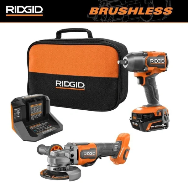 RIDGID 18V Brushless Cordless 2-Tool Combo Kit w/ 1/2 in. Impact Wrench, Angle Grinder, 4.0 Ah MAX Output Battery, and Charger