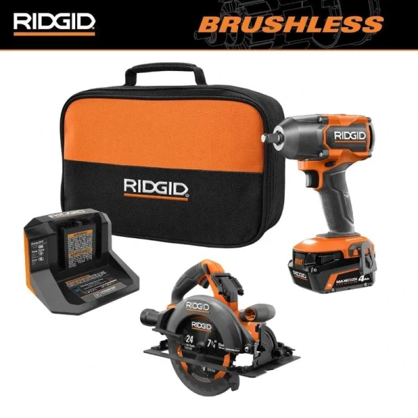 RIDGID 18V Brushless Cordless 2-Tool Combo Kit w/ 1/2 in. Impact Wrench, Circular Saw, 4.0 Ah MAX Output Battery, and Charger
