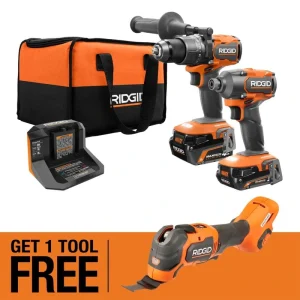 RIDGID 18V Brushless Cordless 2-Tool Combo Kit w/ (2) Batteries, Charger, Bag, & FREE 18V Brushless Multi Tool
