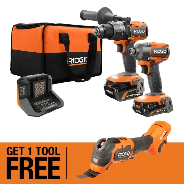RIDGID 18V Brushless Cordless 2-Tool Combo Kit w/ (2) Batteries, Charger, Bag, & FREE 18V Brushless Multi Tool
