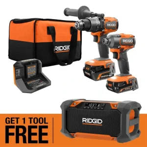 RIDGID 18V Brushless Cordless 2-Tool Combo Kit w/ (2) Batteries, Charger, Bag, & FREE 18V Hybrid Jobsite Radio