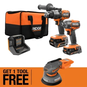 RIDGID 18V Brushless Cordless 2-Tool Combo Kit w/ (2) Batteries, Charger, Bag &FREE 18V Subcompact Brushless Low Profile Sander