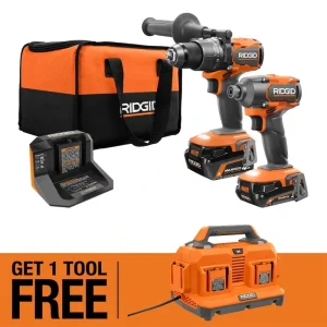 RIDGID 18V Brushless Cordless 2-Tool Combo Kit w/ (2) Batteries, Charger, Bag, & FREE 6-Port Charger