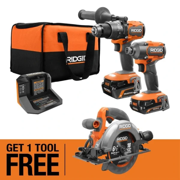 RIDGID 18V Brushless Cordless 2-Tool Combo Kit w/ (2) Batteries, Charger, Bag & FREE Subcompact Brushless 6-1/2 in Circular Saw