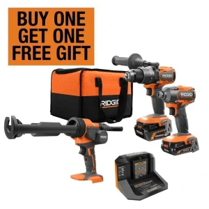 RIDGID 18V Brushless Cordless 2-Tool Combo Kit w/ Hammer Drill, Impact Driver, Batteries, Charger, Bag & 18V Caulk Gun