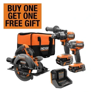 RIDGID 18V Brushless Cordless 2-Tool Combo Kit w/ Hammer Drill, Impact Driver, Batteries, Charger, Bag & Circular Saw
