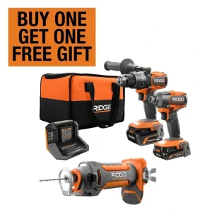 RIDGID 18V Brushless Cordless 2-Tool Combo Kit w/ Hammer Drill, Impact Driver, Batteries, Charger, Bag & Cut Out Tool
