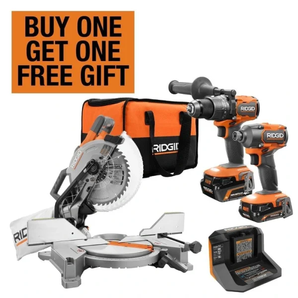 RIDGID 18V Brushless Cordless 2-Tool Combo Kit with (2) Batteries, Charger, Bag, and 15 Amp 10 in. Dual Bevel Miter Saw