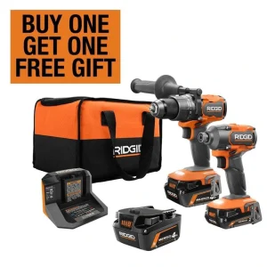 RIDGID 18V Brushless Cordless 2-Tool Combo Kit with Hammer Drill, Impact Driver, (3) Batteries, Charger, and Bag