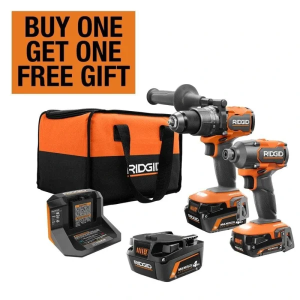 RIDGID 18V Brushless Cordless 2-Tool Combo Kit with Hammer Drill, Impact Driver, (3) Batteries, Charger, and Bag