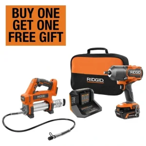 RIDGID 18V Brushless Cordless 2-Tool Combo Kit with High-Torque Impact Wrench, Grease Gun, 4.0 Ah Battery, and Charger