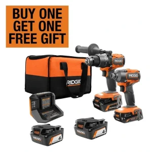 RIDGID 18V Brushless Cordless 3-Tool Combo Kit w/ Hammer Drill, Impact Driver, (2) 4.0 Ah Batteries, Batteries, Charger & Bag