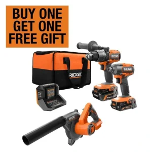 RIDGID 18V Brushless Cordless 3-Tool Combo Kit w/ Hammer Drill, Impact Driver, Compact Jobsite Blower, Batteries, Charger & Bag