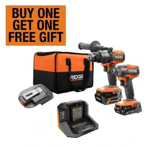 RIDGID 18V Brushless Cordless 3-Tool Combo Kit w/ Hammer Drill, Impact Driver, Portable Power Source, Batteries, Charger & Bag