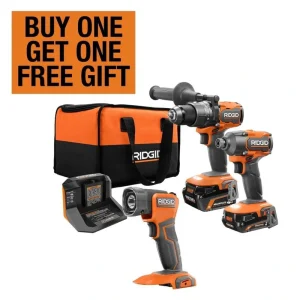 RIDGID 18V Brushless Cordless 3-Tool Combo Kit with Hammer Drill, Impact Driver, LED Work Light, (2) Batteries, Charger and Bag