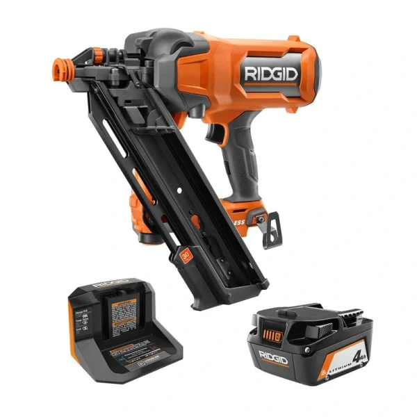 RIDGID 18V Brushless Cordless 30 Framing Nailer Kit w/ 4.0 Ah Battery and Charger with 18V Lithium-Ion 4.0 Ah Battery (2-Pack)