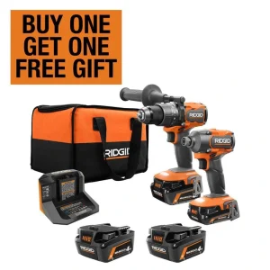 RIDGID 18V Brushless Cordless Combo Kit w/ Hammer Drill, Impact Driver, Batteries, Charger, Bag & (2) 18V MAX Output Batteries