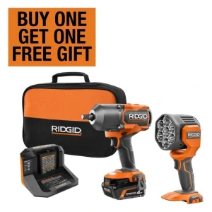 RIDGID 18V Cordless 2-Tool Combo Kit w/ Brushless 1/2 in. Impact Wrench, Spotlight, 4 Ah MAX Output Battery & Charger