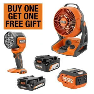 RIDGID 18V Cordless 3-Tool Combo Kit with AC Inverter, Fan, LED Light, and 4.0 and 2.0 Ah Batteries
