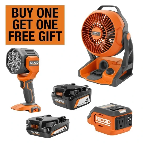 RIDGID 18V Cordless 3-Tool Combo Kit with AC Inverter, Fan, LED Light, and 4.0 and 2.0 Ah Batteries