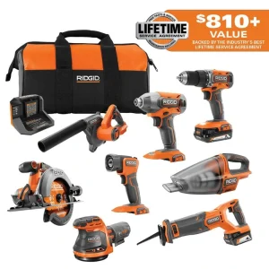 RIDGID 18V Cordless 8-Tool Combo Kit with 2.0 Ah Battery, 4.0 Ah Battery, Charger, and Tool Bag