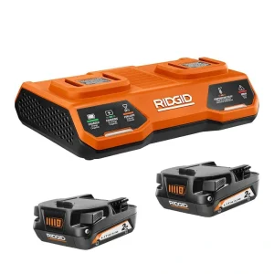 RIDGID 18V Dual Port Simultaneous Charger with 18V 2.0 Ah Compact Lithium-Ion Battery (2-Pack)