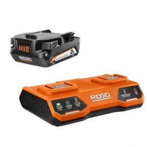 RIDGID 18V Dual Port Simultaneous Charger with 2.0 Ah Battery