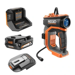 RIDGID 18V High Pressure Portable Inflator Kit with 2.0 Ah Battery, Charger, and USB Portable Power Source with Activate Button