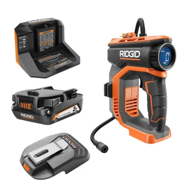 RIDGID 18V High Pressure Portable Inflator Kit with 2.0 Ah Battery, Charger, and USB Portable Power Source with Activate Button