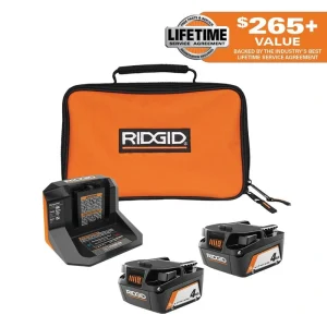 RIDGID 18V Lithium-Ion (2) 4.0 Ah Battery Starter Kit with Charger and Bag