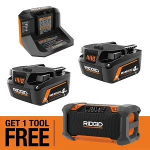RIDGID 18V MAX Output Starter Kit with (2) 4.0 Ah MAX Output Batteries and Charger with FREE 18V Hybrid Jobsite Radio