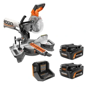 RIDGID 18V Miter Saw with Kit with (2) 4.0 Ah MAX Output Batteries and Charger with 18V Brushless Sliding Miter Saw