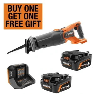 RIDGID 18V Starter Kit with (2) 4.0 Ah MAX Output Batteries and Charger with 18V Brushless Cordless Reciprocating Saw