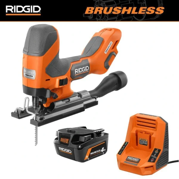 RIDGID 18V SubCompact Brushless Cordless Barrel Grip Jig Saw Kit with 18V 4.0Ah MAX Output Battery and Rapid Charger