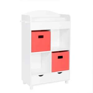 RiverRidge Book nook cubby storage cabinet White with 2 Pc Coral Bins 6-Compartment Kids Bookcase (23.5-in W x 39.75-in H x 11.81-in D)