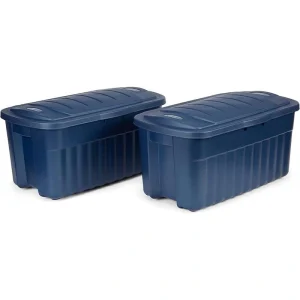 Rubbermaid Roughneck 40 Gal. Storage Totes with Hinged Lids, Dar Indigo Metallic, Pack of 2