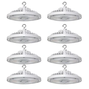 RUN BISON 8-Pack 10.6 in. White 450-Watt Equivalent Integrated LED UFO High Bay Light Fixture, 5000K 21750Lumens, 0-10V Dimmable