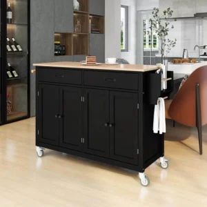 Runesay Black Mdf Base with Mdf Wood Top Rolling Kitchen Island (18.5-in x 54.33-in x 36.22-in) T726918092