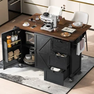 Runesay Black Mdf Base with Mdf Wood Top Rolling Kitchen Island (28.75-in x 54.5-in x 36.5-in)